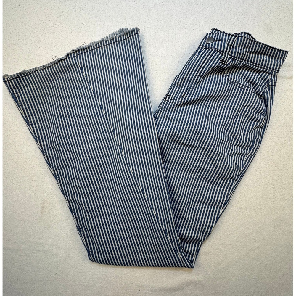 Unbranded Flare Jeans Womens S Blue White Striped Bell Bottom Raw Hem Stretch